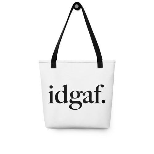 idgaf. Proof I Tote bag in Black, back view