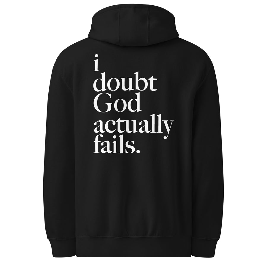 idgaf. Vessels Hoodie in Black, back view showing i doubt God actually fails print